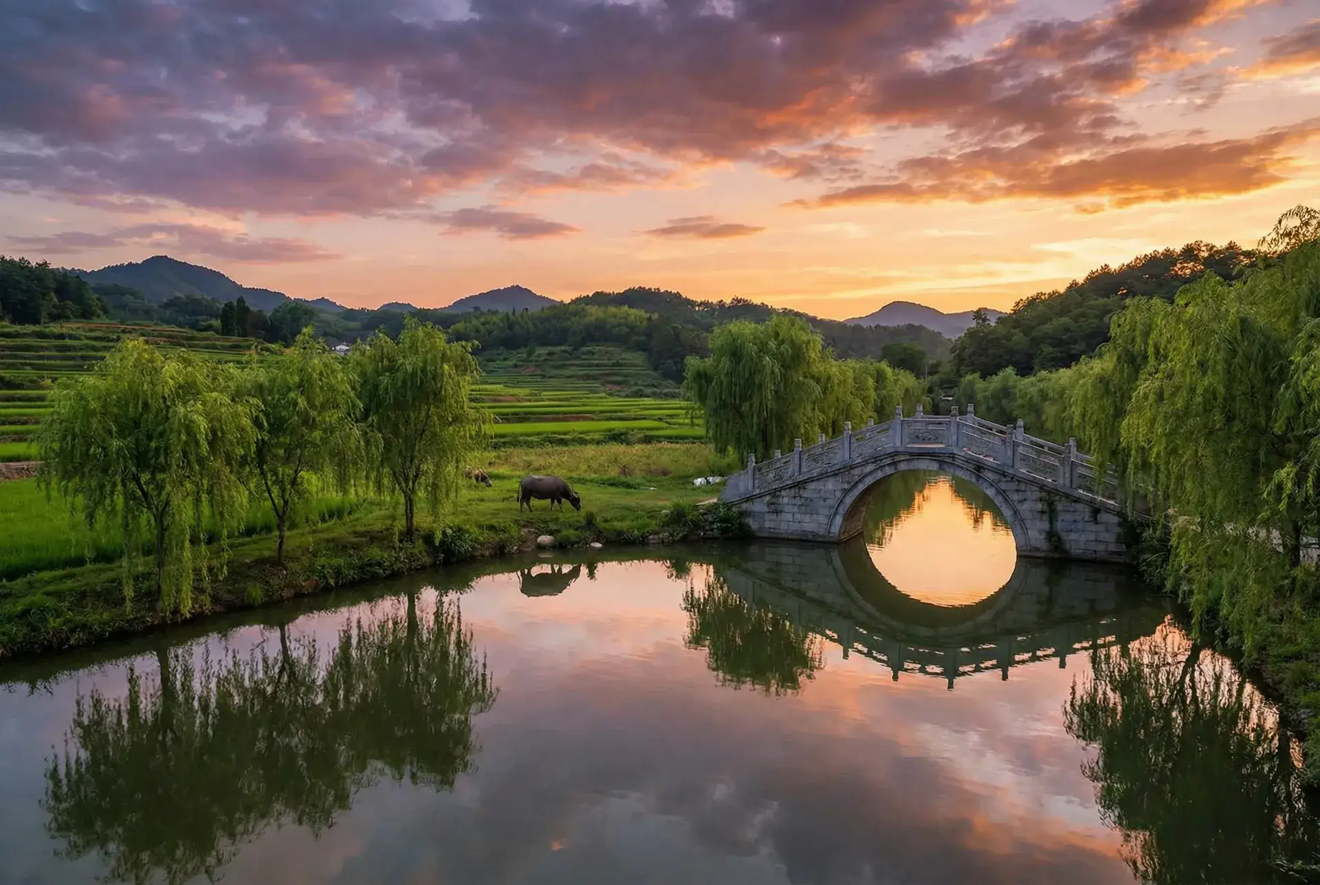 夕阳下的石拱桥与垂柳，水牛在河边吃草 - 魔兽世界改字体 乡村美景